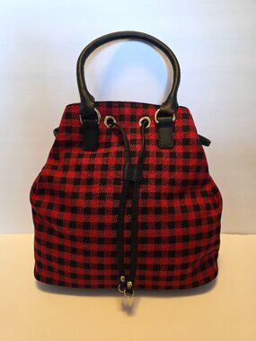 Talbots Red Black Buffalo Plaid Leather Trim Bucket Bag Drawstring